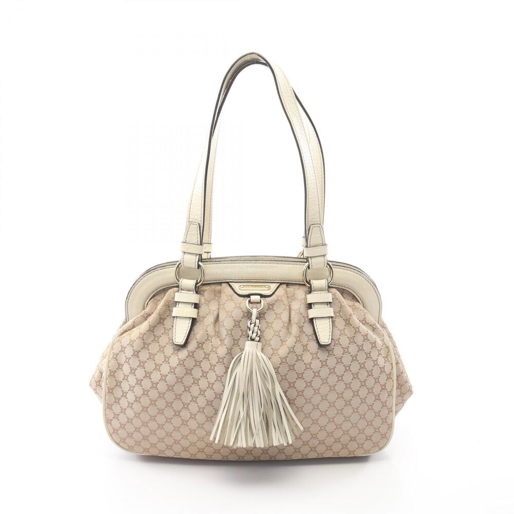 Celine Macadam Crocodile Shoulder Bag Canvas Leather Beige Tan White